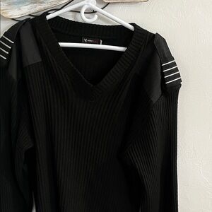 Stylish Black V-Neck Sweater with Shoulder Accents